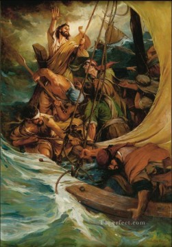 イエス Painting - 水海の嵐の上のカトリックのキリスト教徒イエス 平和でいてください